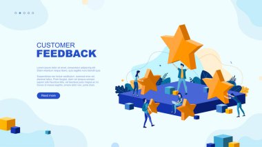 Moda düz çizim. Müşteri değerlendirme sayfası konseptini gözden geçiriyor. İnternetten alışveriş. Geri bildirim. Müşteri desteği. Tasarımının şablonu işe yarıyor. Vektör grafikleri.