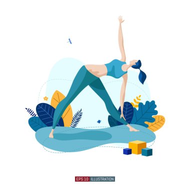 Moda düz çizim. Yoga yapan bir kadın. Lotus pozu. Aktivite. Fitness. Yaşam tarzı. Tasarımının şablonu işe yarıyor. Vektör grafikleri.