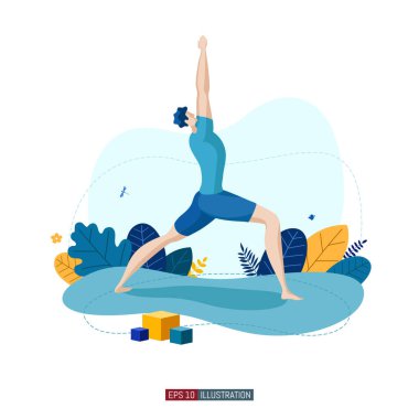 Moda düz çizim. Yoga yapan bir adam. Aktivite. Fitness. Yaşam tarzı. Tasarımının şablonu işe yarıyor. Vektör grafikleri.