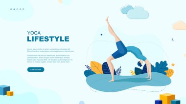 Moda düz çizim. Yoga Yaşam Tarzı sayfası konsepti. Yoga yapan bir adam. Aktivite. Fitness. Tasarımının şablonu işe yarıyor. Vektör grafikleri.