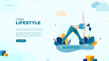 Moda düz çizim. Yoga Yaşam Tarzı sayfası konsepti. Yoga yapan bir kadın. Aktivite. Fitness. Tasarımının şablonu işe yarıyor. Vektör grafikleri.