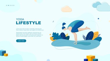 Moda düz çizim. Yoga Yaşam Tarzı sayfası konsepti. Yoga yapan bir kadın. Aktivite. Fitness. Tasarımının şablonu işe yarıyor. Vektör grafikleri.