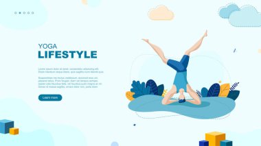 Moda düz çizim. Yoga Yaşam Tarzı sayfası konsepti. Yoga yapan bir adam. Aktivite. Fitness. Tasarımının şablonu işe yarıyor. Vektör grafikleri.