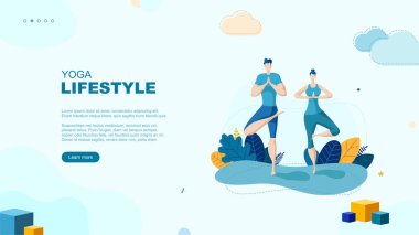 Moda düz çizim. Yoga Yaşam Tarzı sayfası konsepti. Erkek ve kadın yoga yapıyor. Aktivite. Fitness. Tasarımının şablonu işe yarıyor. Vektör grafikleri.