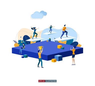 Moda düz çizim. İnsanlar kağıt uçaklarla uçuyor. Takım çalışması konsepti. Küreselleşme. Uluslararası iş. Rekabet. Gol başarısı. Tasarımının şablonu işe yarıyor. Vektör grafikleri.