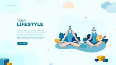 Moda düz çizim. Yoga Yaşam Tarzı sayfası konsepti. Erkek ve kadın yoga yapıyor. Aktivite. Fitness. Tasarımının şablonu işe yarıyor. Vektör grafikleri.