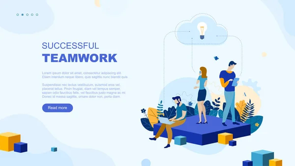 Trendige Flache Illustration Erfolgreiches Teamwork Konzept Büroangestellte Planen Geschäftsmechanismen Analysieren — Stockvektor