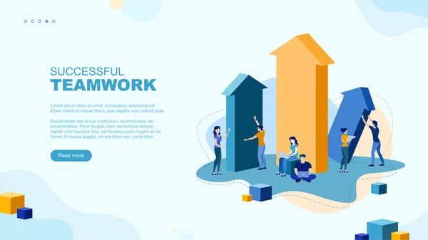 Trendy Platte Illustratie Succesvol Teamwork Pagina Concept Kantoormedewerkers Schaven Business — Stockvector