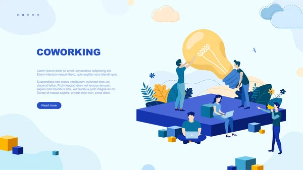 Ilustração Plana Moda Conceito Página Espaço Coworking Trabalho Equipa Bem — Vetor de Stock