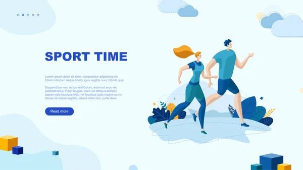 Trendy Platte Illustratie Sport Tijd Pagina Concept Rennende Man Vrouw — Stockvector