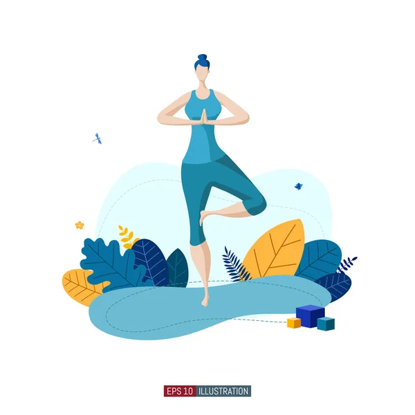 Trendige Flache Illustration Frau Beim Yoga Lotus Pose Aktivität Fitness — Stockvektor