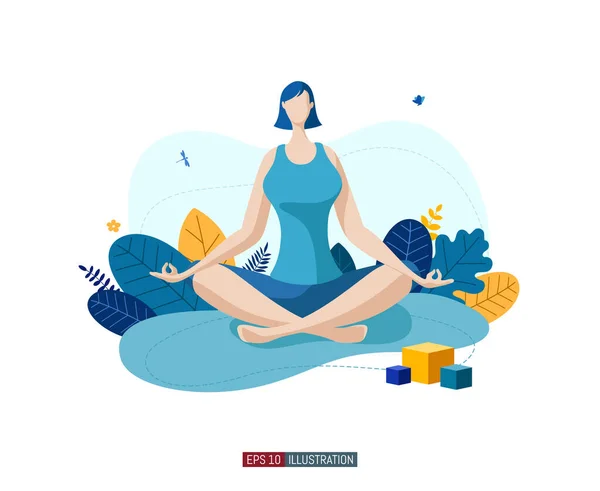 Trendige Flache Illustration Frau Beim Yoga Lotus Pose Aktivität Fitness — Stockvektor