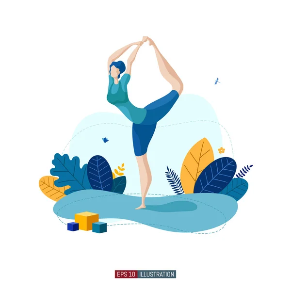 Trendige Flache Illustration Frau Beim Yoga Lotus Pose Aktivität Fitness — Stockvektor