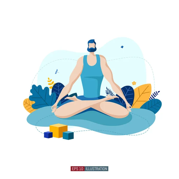 Trendige Flache Illustration Der Mensch Beim Yoga Aktivität Fitness Lebensstil — Stockvektor
