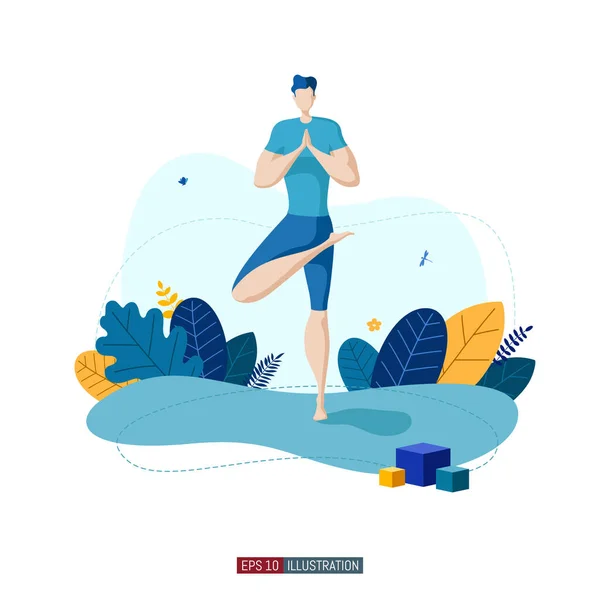 Trendige Flache Illustration Der Mensch Beim Yoga Aktivität Fitness Lebensstil — Stockvektor