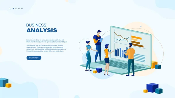 Moda düz çizim. İş analiz sayfası konsepti. İş planlama, iş stratejisi ve fikir alışverişinde bulunan ofis çalışanları. Tasarımınız için şablon. Vektör grafikleri.