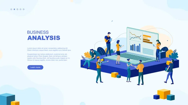 トレンディーなフラットイラスト ビジネス分析ページのコンセプト オフィスワーカーはビジネスメカニズムを計画し ビジネス戦略を分析し アイデアを交換します ベクトルグラフィックス — ストックベクタ