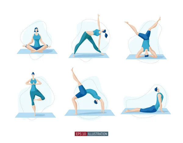 Trendige Flache Illustration Yoga Posen Gesetzt Yoga Lifestyle Mann Und — Stockvektor