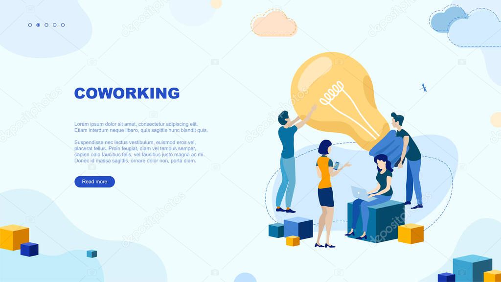 Trendy flat illustration. Coworking space page concept. Successful teamwork.  Office workers. Exchange ideas. Freelancer. Template for your design works. Vector graphics.