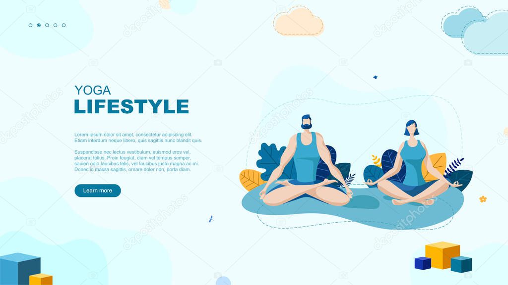 Trendy flat illustration. Yoga Lifestyle page concept. Man and woman doing yoga. Activity. Fitness. Template for your design works. Vector graphics.