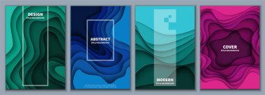 Bir dizi soyut 3 boyutlu arka plan. Kağıt kesiği şekiller. Pankart, broşür, kitap kapağı, kitapçık tasarımı için şablon. Vektör illüstrasyonu.