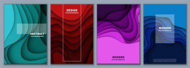 Bir dizi soyut 3 boyutlu arka plan. Kağıt kesiği şekiller. Pankart, broşür, kitap kapağı, kitapçık tasarımı için şablon. Vektör illüstrasyonu.