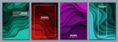 Bir dizi soyut 3 boyutlu arka plan. Kağıt kesiği şekiller. Pankart, broşür, kitap kapağı, kitapçık tasarımı için şablon. Vektör illüstrasyonu.