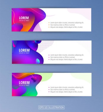 Soyut geometrik afişler seti. Sıvı arka plan elementlerini şekillendirir. Pankart, broşür, kitap kapağı, kitapçık, uygulamalar veya web tasarımı için şablonlar. Düzenlenebilir maske. Vektör illüstrasyonu.