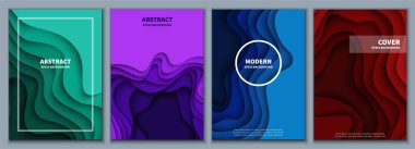 Bir dizi soyut 3 boyutlu arka plan. Kağıt kesiği şekiller. Pankart, broşür, kitap kapağı, kitapçık tasarımı için şablon. Vektör illüstrasyonu.