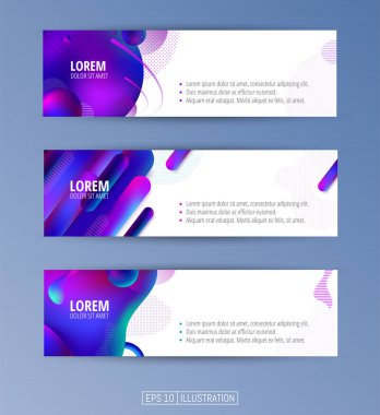 Soyut geometrik afişler seti. Sıvı arka plan elementlerini şekillendirir. Pankart, broşür, kitap kapağı, kitapçık, uygulamalar veya web tasarımı için şablonlar. Düzenlenebilir maske. Vektör illüstrasyonu.
