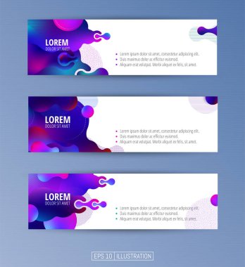 Soyut geometrik afişler seti. Sıvı arka plan elementlerini şekillendirir. Pankart, broşür, kitap kapağı, kitapçık, uygulamalar veya web tasarımı için şablonlar. Düzenlenebilir maske. Vektör illüstrasyonu.