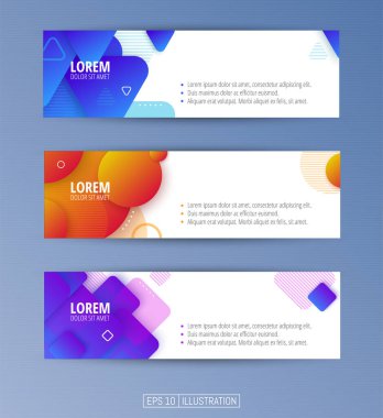 Soyut geometrik afişler seti. Sıvı arka plan elementlerini şekillendirir. Pankart, broşür, kitap kapağı, kitapçık, uygulamalar veya web tasarımı için şablonlar. Düzenlenebilir maske. Vektör illüstrasyonu.