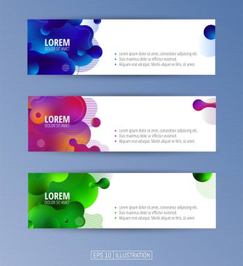 Soyut geometrik afişler seti. Sıvı arka plan elementlerini şekillendirir. Pankart, broşür, kitap kapağı, kitapçık, uygulamalar veya web tasarımı için şablonlar. Düzenlenebilir maske. Vektör illüstrasyonu.