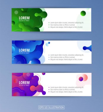 Soyut geometrik afişler seti. Sıvı arka plan elementlerini şekillendirir. Pankart, broşür, kitap kapağı, kitapçık, uygulamalar veya web tasarımı için şablonlar. Düzenlenebilir maske. Vektör illüstrasyonu.