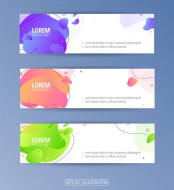 Soyut geometrik afişler seti. Sıvı arka plan elementlerini şekillendirir. Pankart, broşür, kitap kapağı, kitapçık, uygulamalar veya web tasarımı için şablonlar. Düzenlenebilir maske. Vektör illüstrasyonu.