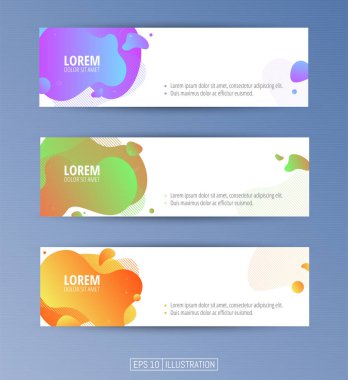 Soyut geometrik afişler seti. Sıvı arka plan elementlerini şekillendirir. Pankart, broşür, kitap kapağı, kitapçık, uygulamalar veya web tasarımı için şablonlar. Düzenlenebilir maske. Vektör illüstrasyonu.