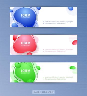 Soyut geometrik afişler seti. Sıvı arka plan elementlerini şekillendirir. Pankart, broşür, kitap kapağı, kitapçık, uygulamalar veya web tasarımı için şablonlar. Düzenlenebilir maske. Vektör illüstrasyonu.