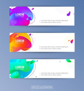 Soyut geometrik afişler seti. Sıvı arka plan elementlerini şekillendirir. Pankart, broşür, kitap kapağı, kitapçık, uygulamalar veya web tasarımı için şablonlar. Düzenlenebilir maske. Vektör illüstrasyonu.