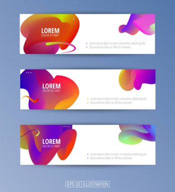 Soyut geometrik afişler seti. Sıvı arka plan elementlerini şekillendirir. Pankart, broşür, kitap kapağı, kitapçık, uygulamalar veya web tasarımı için şablonlar. Düzenlenebilir maske. Vektör illüstrasyonu.