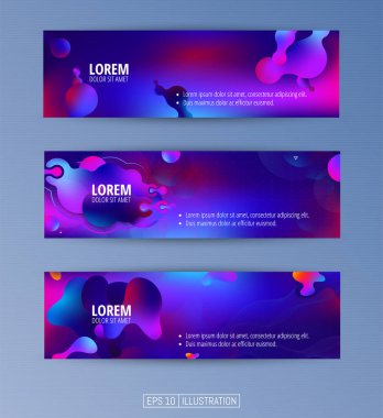 Soyut geometrik afişler seti. Sıvı arka plan elementlerini şekillendirir. Pankart, broşür, kitap kapağı, kitapçık, uygulamalar veya web tasarımı için şablonlar. Düzenlenebilir maske. Vektör illüstrasyonu.