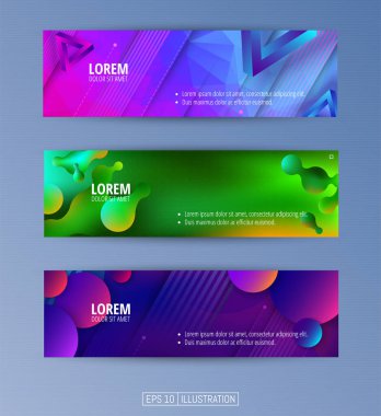 Soyut geometrik afişler seti. Sıvı arka plan elementlerini şekillendirir. Pankart, broşür, kitap kapağı, kitapçık, uygulamalar veya web tasarımı için şablonlar. Düzenlenebilir maske. Vektör illüstrasyonu.
