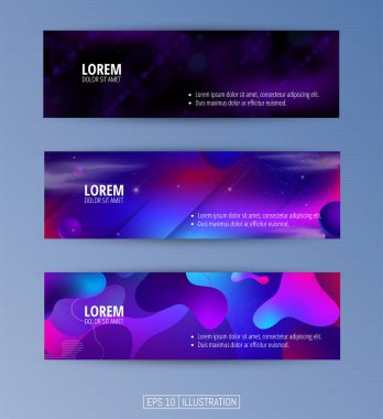 Soyut geometrik afişler seti. Sıvı arka plan elementlerini şekillendirir. Pankart, broşür, kitap kapağı, kitapçık, uygulamalar veya web tasarımı için şablonlar. Düzenlenebilir maske. Vektör illüstrasyonu.