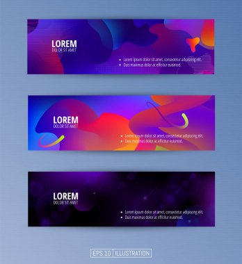 Soyut geometrik afişler seti. Sıvı arka plan elementlerini şekillendirir. Pankart, broşür, kitap kapağı, kitapçık, uygulamalar veya web tasarımı için şablonlar. Düzenlenebilir maske. Vektör illüstrasyonu.