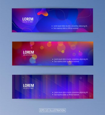 Soyut geometrik afişler seti. Sıvı arka plan elementlerini şekillendirir. Pankart, broşür, kitap kapağı, kitapçık, uygulamalar veya web tasarımı için şablonlar. Düzenlenebilir maske. Vektör illüstrasyonu.