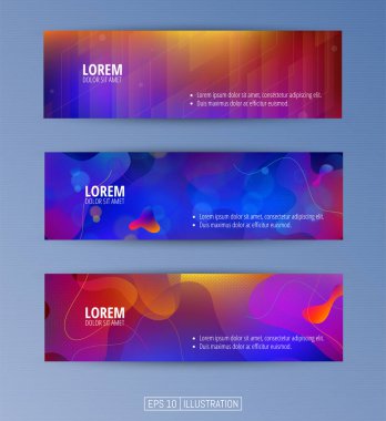 Soyut geometrik afişler seti. Sıvı arka plan elementlerini şekillendirir. Pankart, broşür, kitap kapağı, kitapçık, uygulamalar veya web tasarımı için şablonlar. Düzenlenebilir maske. Vektör illüstrasyonu.