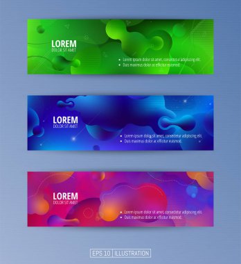 Soyut geometrik afişler seti. Sıvı arka plan elementlerini şekillendirir. Pankart, broşür, kitap kapağı, kitapçık, uygulamalar veya web tasarımı için şablonlar. Düzenlenebilir maske. Vektör illüstrasyonu.