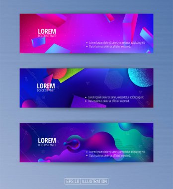 Soyut geometrik afişler seti. Sıvı arka plan elementlerini şekillendirir. Pankart, broşür, kitap kapağı, kitapçık, uygulamalar veya web tasarımı için şablonlar. Düzenlenebilir maske. Vektör illüstrasyonu.