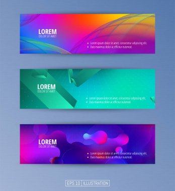 Soyut geometrik afişler seti. Sıvı arka plan elementlerini şekillendirir. Pankart, broşür, kitap kapağı, kitapçık, uygulamalar veya web tasarımı için şablonlar. Düzenlenebilir maske. Vektör illüstrasyonu.