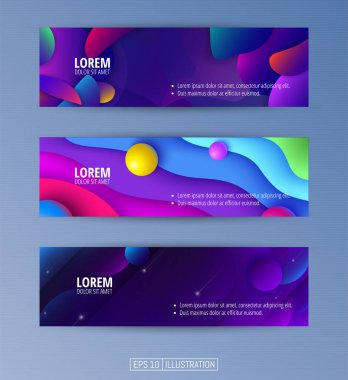 Soyut geometrik afişler seti. Sıvı arka plan elementlerini şekillendirir. Pankart, broşür, kitap kapağı, kitapçık, uygulamalar veya web tasarımı için şablonlar. Düzenlenebilir maske. Vektör illüstrasyonu.