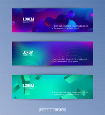 Soyut geometrik afişler seti. Sıvı arka plan elementlerini şekillendirir. Pankart, broşür, kitap kapağı, kitapçık, uygulamalar veya web tasarımı için şablonlar. Düzenlenebilir maske. Vektör illüstrasyonu.